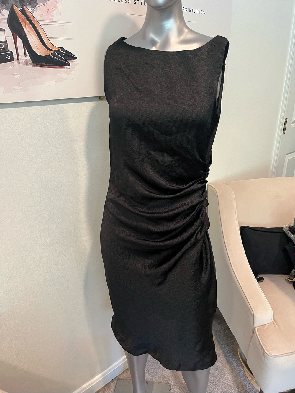 Elegant Black Sleeveless Midi Dress with Side Ruching Linen/Satin mix EUC P